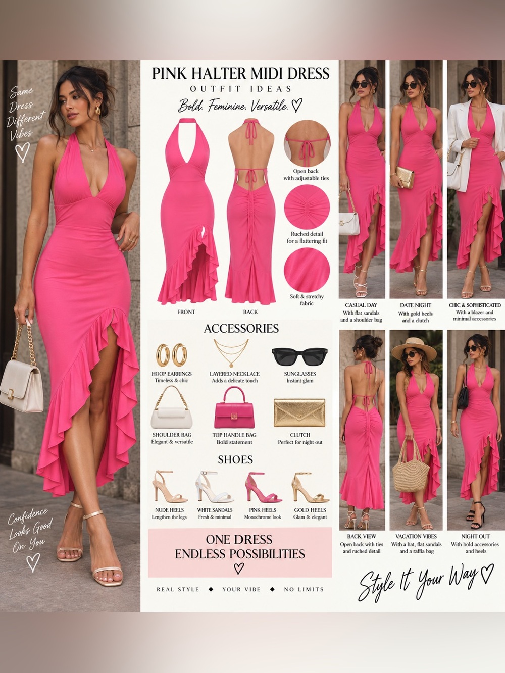 iris Pink Halter Midi Dress with Ruffle High-Low Hem